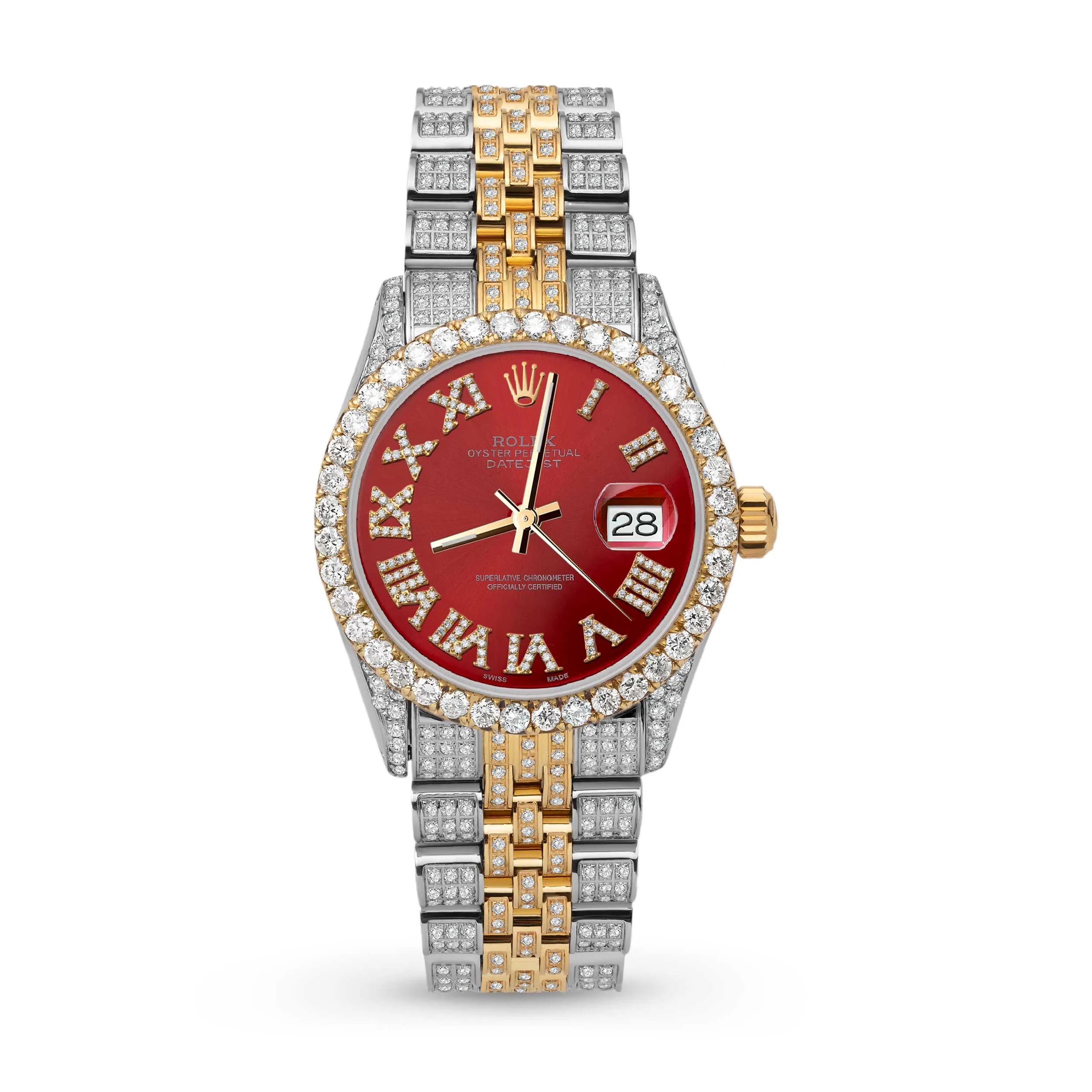Women's Rolex Datejust Diamond Bezel Watch 31mm Red Roman Dial | 6.80ct
